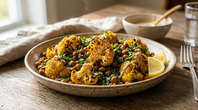 A rustic bowl of nutrient-rich roasted cauliflower and chickpeas provides a healthy vitamin boost. This vibrant plant-based meal supports a balanced, sustainable lifestyle.