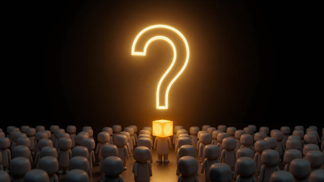 Conceptual scene depicting glowing figure standing in crowd under bright question mark, symbolizing curiosity, inquiry, critical thinking, learning, and self development for finding answers.
