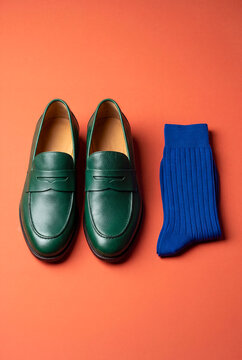 Green Leather Loafers and Blue Cotton Socks on Orange Surface