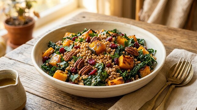 A wholesome bowl of roasted squash, kale, grains, and nuts provides a natural vitamin boost. This vibrant, plant-based meal supports a healthy lifestyle.