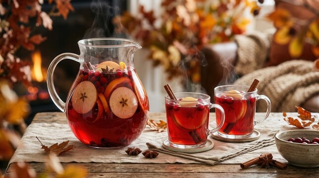 Steaming fruit and spice beverage, a natural vitamin boost, fills pitcher and mugs. This nourishing, hot drink supports a cozy autumn wellness lifestyle.