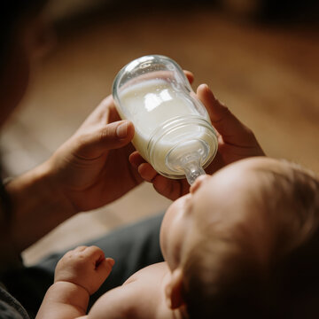 Hands holding a baby bottle full of milk, preparing to feed a baby in an intimate environment.