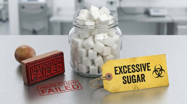Glass container filled with sugar cube beside failed inspection stamp and excessive sugar warning tag in laboratory setting, highlighting food safety concern and unhealthy consumption risk