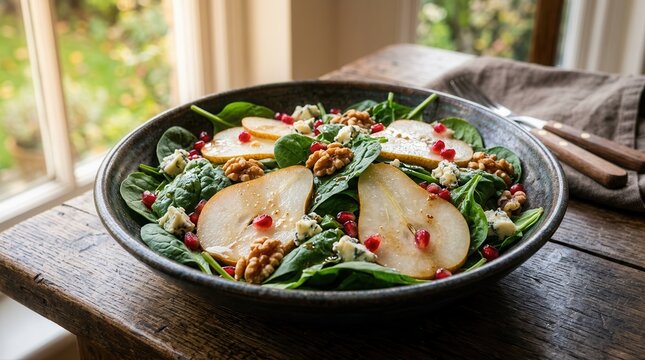 A vibrant pear and spinach salad offers a nutritious vitamin boost for a healthy lifestyle. This fresh plant-based meal supports overall wellbeing.
