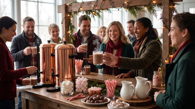 Wedding hot chocolate station, Group of adults serving hot chocolate and sweets at festive indoor gathering  