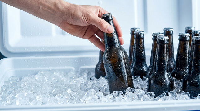 Hand lifting beer bottle from ice cooler with condensation and chilled bottles