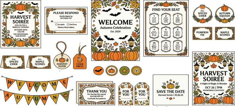 Set of autumn harvest soiree design templates featuring pumpkins leaves banners invitations and tags pumpkin design fall leaves invitation template welcome sign seating chart food labels