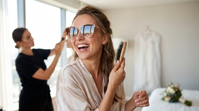 Bride sunglasses getting ready, Young woman smiling with sunglasses preparing for wedding in modern room  