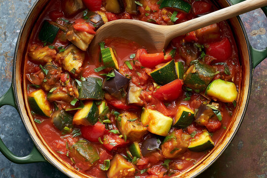 Vegetable stew with farm-fresh zucchini, eggplants, peppers, and thick tomato sauce in the Dutch oven