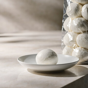 Fresh mozzarella cheese ball on a plate with plastic packaging mockup