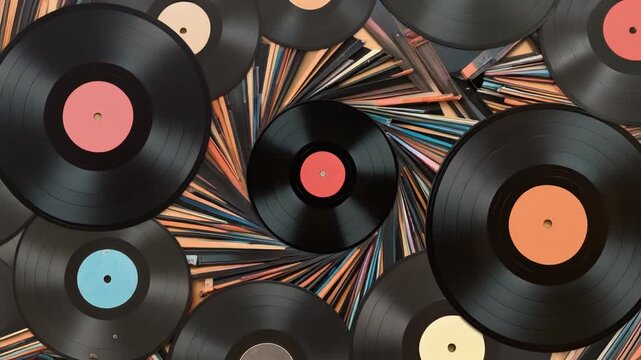 A chaotic pile of vintage vinyl records featuring black grooves and colorful central labels like pink, blue, and orange.