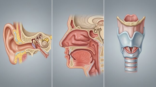 Human Ear Nasal Cavity and Larynx Anatomical Diagrams on a Gradient Gray Background anatomy cross-section