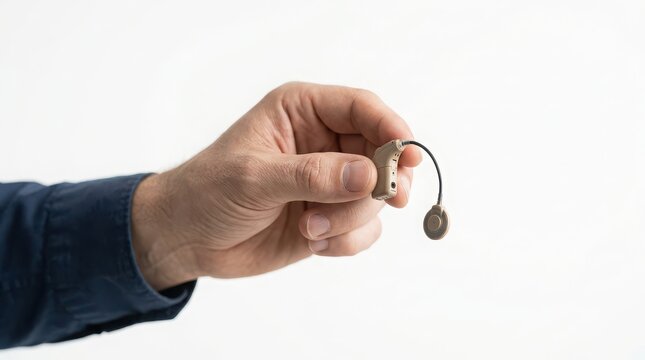 Hand holding a cochlear implant device with a wire and receiver hearing aid technology