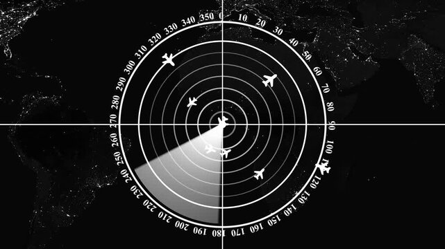 Monochrome radar screen featuring a sweeping light beam across white target rings, airplane icons, degree markings, and a world map background. Animated air traffic control radar, flight tracking .