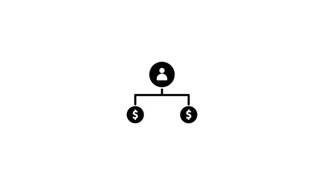 Minimalist graphic animation of affiliate marketing business structure featuring money icons and user profile on white background.