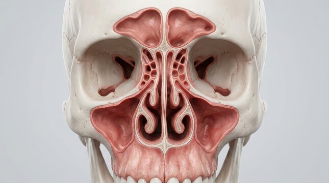 Human Skull Anterior View Showing Nasal Cavity Sinuses and Teeth Anatomy head bone