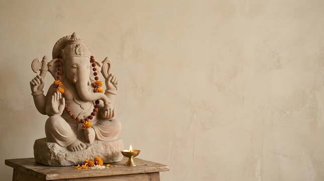 Minimalist Ganesha Statue on Wooden Surface with Clean Warm Beige Background
