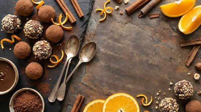 Chocolate truffles with orange and cinnamon. Candy chocolate citrus vintage dessert spoons on stone background. Process of cooking of homemade sweets. Top view Chocolate truffles with orange and