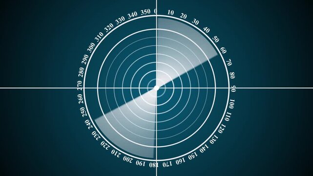 Radar display featuring dual light beams sweeping across concentric target rings and degree markings against a dark blue background. Animated sonar scope screen, navigational tracking display.