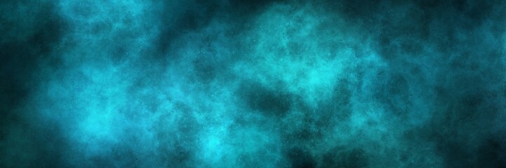 Fototapeta premium Vibrant turquoise and aquamarine misty fog on black. Wide atmospheric banner for fresh, magical, and glowing aquatic themes. 