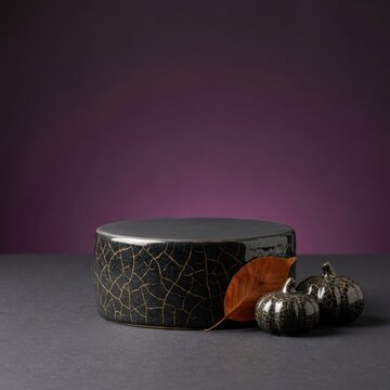 Round raku ceramic pedestal with black crackle glaze and gold ochre veining, accompanied by ceramic pumpkins and a leaf on a dark surface