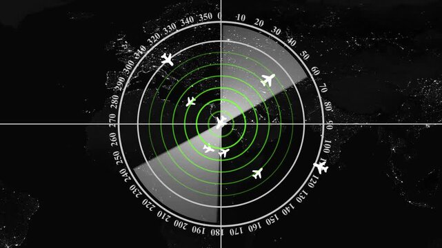 Monochrome radar screen featuring a sweeping light beam across green target rings, airplane icons, degree markings, and a world map background. Animated air traffic control radar, flight tracking .