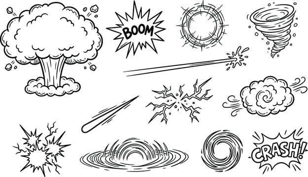 Set of comic book style explosion, crash, and action effect elements