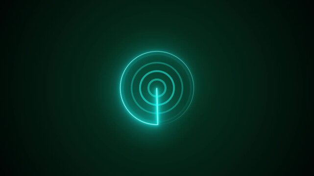 Glowing neon cyan radar scope featuring a rotating line sweeping across concentric circles against a dark green background. Animated sonar display, target detection HUD, navigational radar.
