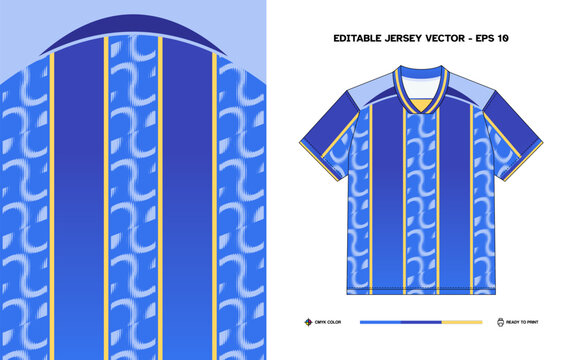 Editable Vector Soccer Jersey with Blue Gradient and White Wavy Pattern for Custom Team Designs and Print Ready EPS 10 File
