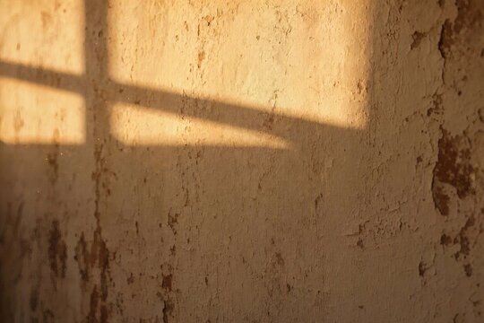Backlit mullion silhouette with visible dust motes on plaster - A backlit scene where a mullion silhouette meets visible dust motes suspended in warm light