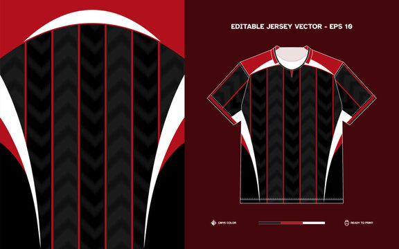 Editable Vector Soccer Jersey with Bold Black and Red Wave Pattern Design Ready to Print EPS 10 File for Custom Sports Apparel Branding and Team Uniforms
