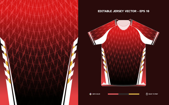 Striking Editable Vector Soccer Jersey with Bold Red Gradient Pattern White and Gold Accents Ready for Customization and Printing