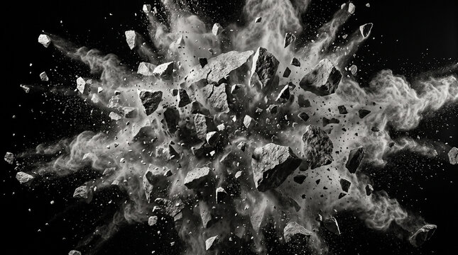 Dramatic monochrome explosion of stone debris and dust particles against black backdrop