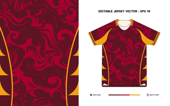 Editable Vector Sports Jersey with Bold Red Swirl Pattern and Gold Accents Ready for Custom Team Designs and Print Production
