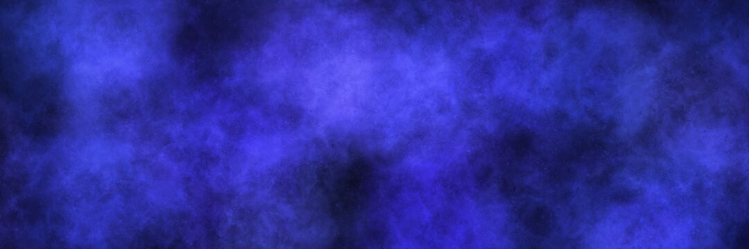 Rich violet and dark blue misty fog on a black background. Wide abstract grunge banner for night, gothic, and mysterious atmospheric art.
