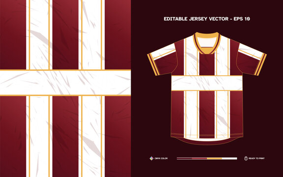 Editable Vector Soccer Jersey with Bold Red and White Striped Pattern and Gold Accents Ready to Print EPS 10 File for Custom Sports Apparel Design