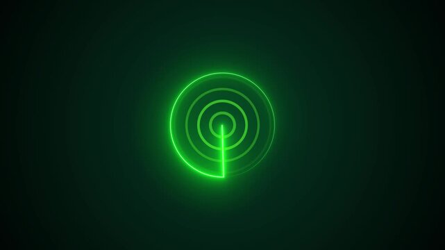 Glowing neon green radar scope featuring a rotating line sweeping across concentric circles against a dark green background. Animated sonar display, target detection HUD, navigational radar.