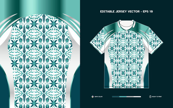 Editable Vector Sports Jersey with Intricate Teal Floral Pattern Perfect for Team Apparel Customization and Print Ready Designs