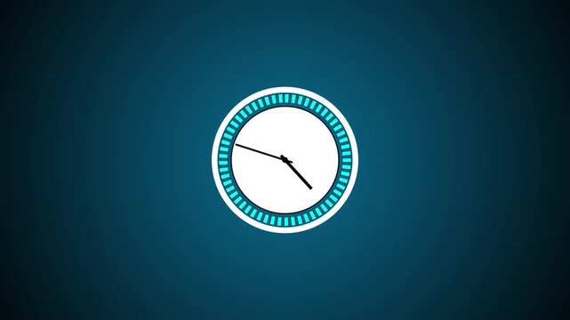 An analog clock icon on a dark blue gradient background with a white dial, black hands pointing to midnight, and a cyan tick-marked outer ring. Animated clock ticking sound, time passing animition.