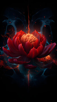 Meditative Red Lotus Flame Spiritual Artwork with dark black background with ember particles and hypnotic glow