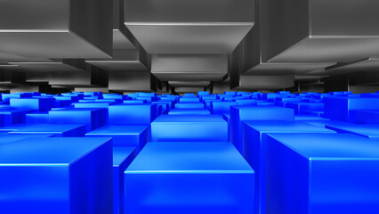 Fototapeta premium Grey and Blue 3D geometric blocks creating a glowing abstract technology background with depth and perspective.