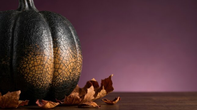 Macro raku ceramic pumpkin with black crackle glaze and warm ochre glow, featuring plum gradient and autumn leaves on wooden surface