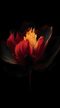 Enchanted Red Lotus Flame Spiritual Artwork with dark black background with ember particles and hypnotic glow