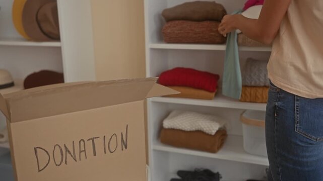 Woman placing pink shirt into donation box, visible forearm and hand packing clothes inside a building; charity generosity.