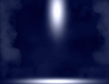 Dark blue background with top spotlight beam and light floor reflection