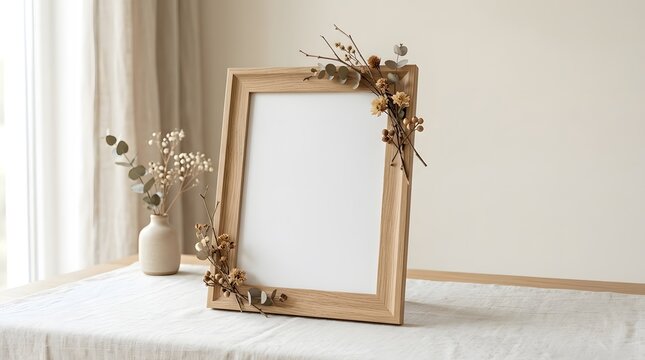 Blank wooden portrait frame decorated with dried flowers and branches stands on a linen table for professional creative mockup display