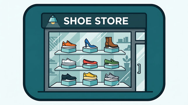 Shoe Store Display Window Showcasing Variety of Footwear Styles