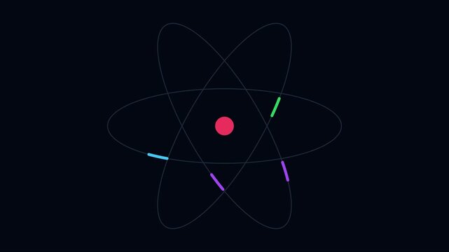 Minimalist atom model animation with orbiting particles for science and technology education and research concepts 4k