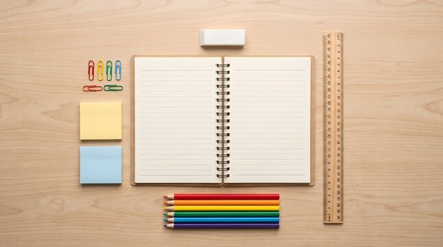Open spiral notebook with colorful pencils, ruler, eraser, and sticky notes arranged neatly on a light wood grain surface