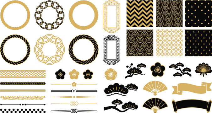 Collection of black and gold japanese style decorative frames borders and patterns with japanese decoration traditional oriental ornament collection background